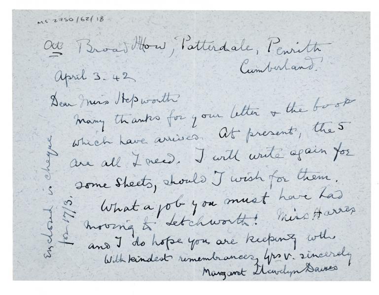 Image of handwritten letter from Margaret Llewellyn Davies to Barbara Hepworth (03/04/1942) page 1 of 1