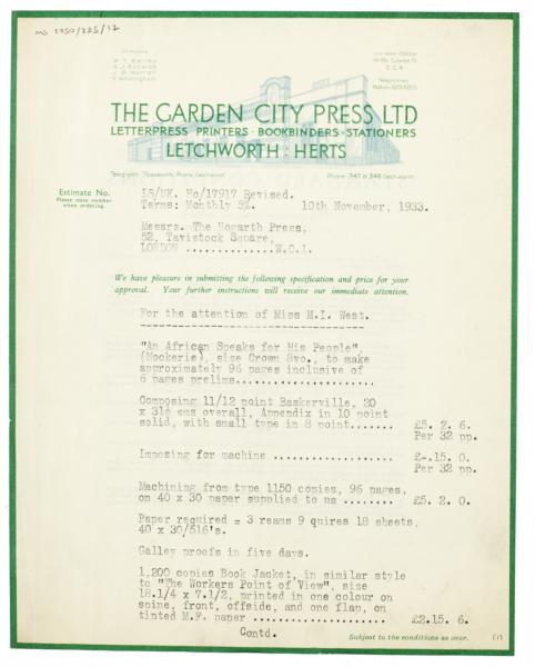 Image of typescript letter from The Garden City Press Ltd. to Margaret West (10/11/1933) page 1 of 3