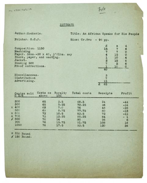Typescript profit and loss estimate relating to 'An African Speaks for his People'  page 1 of 1