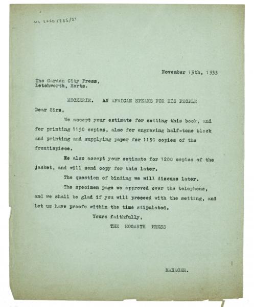 Image of typescript letter from The Hogarth Press to The Garden City Press Ltd. (13/11/1933) page 1 of 1 