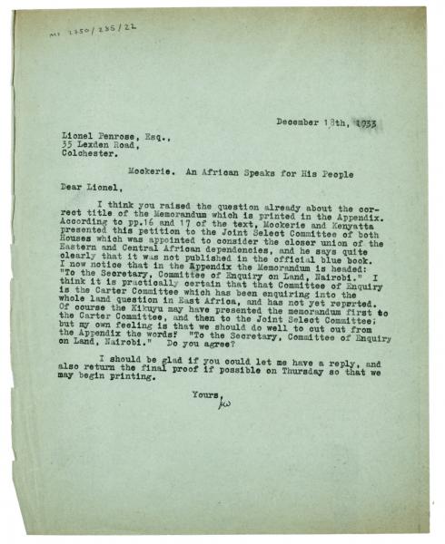 Image of typescript letter from Leonard Woolf to Lionel Penrose (18/12/1933)  page 1 of 1