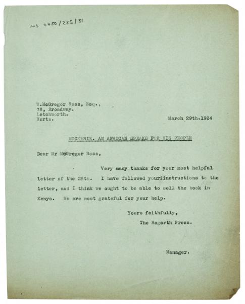 Image of typescript letter from Margaret West to William McGregor Ross (29/03/1934) page 1 of 1