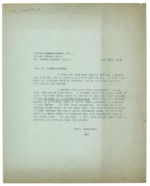 Image of typescript letter from The Hogarth Press to Victor Bonham-Carter (30/05/1938) page 1 of 1