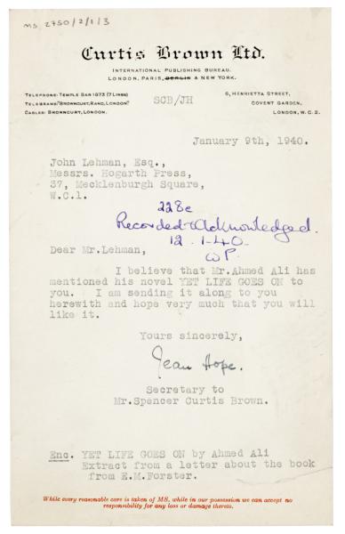Image of a letter from Curtis Brown Ltd to John Lehmann (09/01/1940)