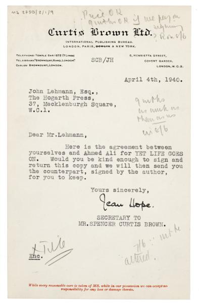 Image of a letter from Curtis Brown Ltd to John Lehmann (04/04/1940)