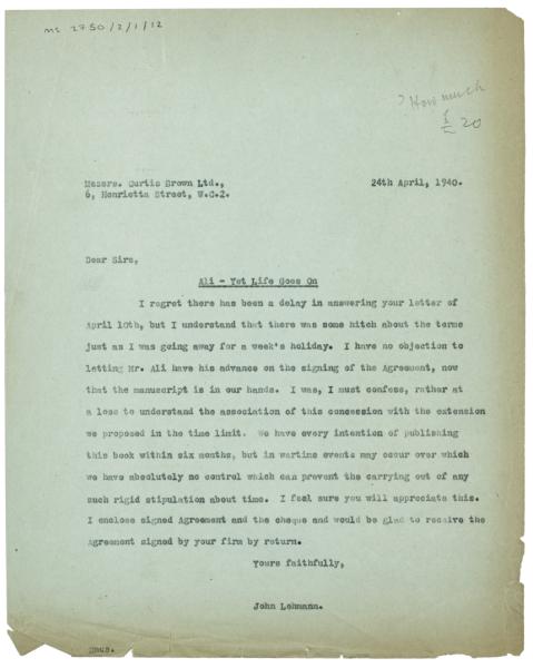 Image of typescript letter from John Lehmann to Curtis Brown Ltd. (24/04/1940) page 1 of 1