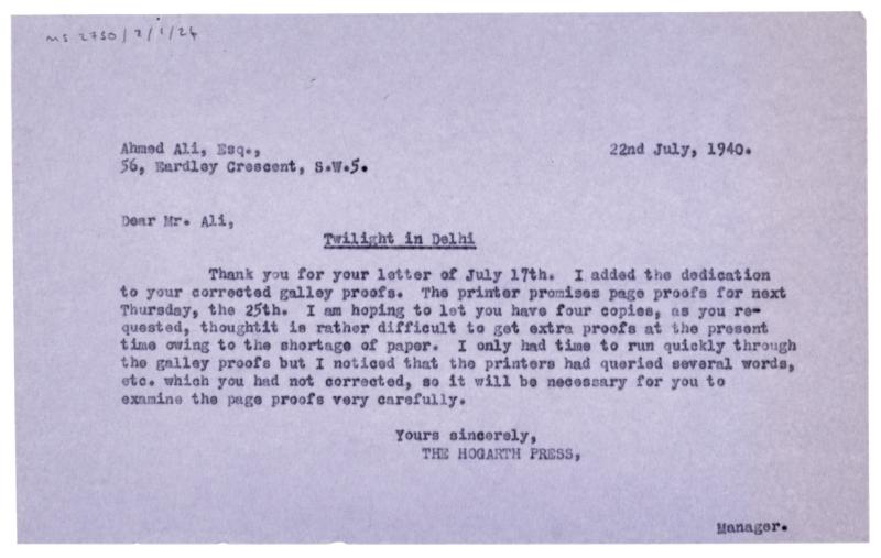 Image of typescript letter from Norah Nicholls to Ahmed Ali (22/07/1940) page 1 of 1