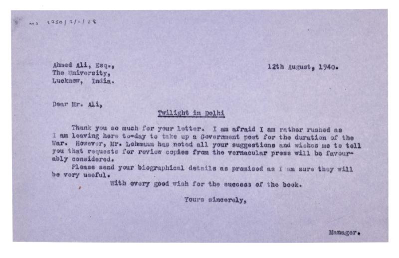 Image of typescript letter from Norah Nicholls to Ahmed Ali (12/08/1940) page 1 of 1
