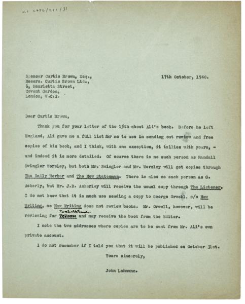 Image of typescript letter from John Lehmann to Spencer Curtis Brown (17/10/1940) page 1 of 1