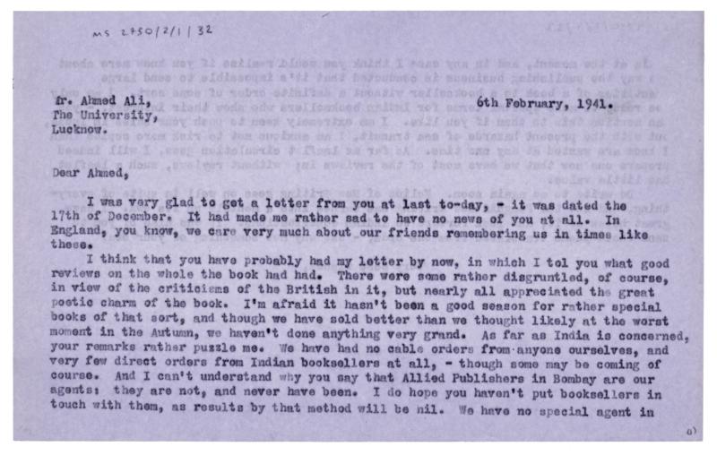 Image of typescript letter from John Lehmann to Ahmed Ali (06/02/1941) page 1 of 2