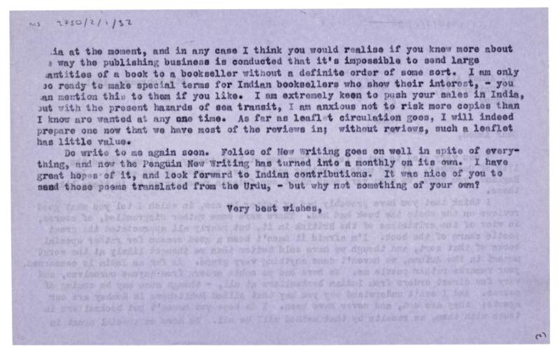Image of typescript letter from John Lehmann to Ahmed Ali (06/02/1941) page 2 of 2