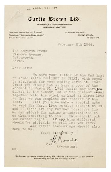 Image of a letter from Curtis Brown Ltd to The Hogarth Press (08/02/1944)