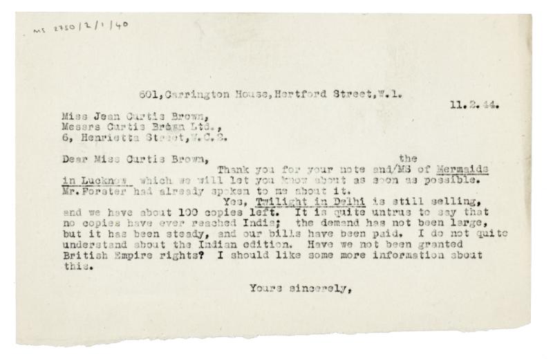 Image of typescript letter from The Hogarth Press to Curtis Brown Ltd (11/02/1944) page 1 of 1