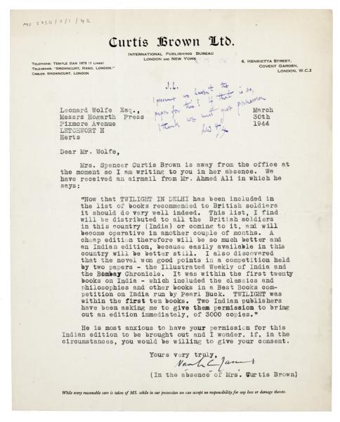 Image of a letter from Curtis Brown Ltd to Leonard Woolf (30/03/1944) 