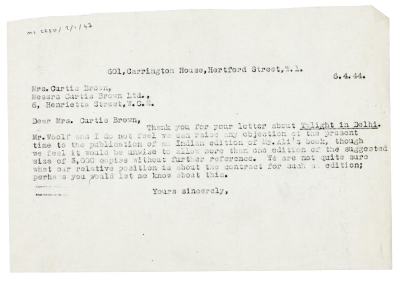 Image of typescript letter from John Lehmann to Curtis Brown Ltd (06/04/1944) page 1 of 1