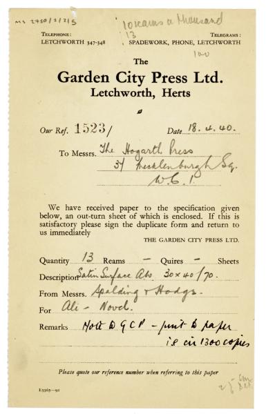 Image of letter from The Garden City Press Ltd to The Hogarth Press (18/04/1940) page 1 of 1