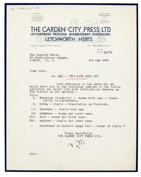 Image of typescript letter from The Garden City Press Ltd to The Hogarth Press (01/05/1940) [1] page 1 of 1