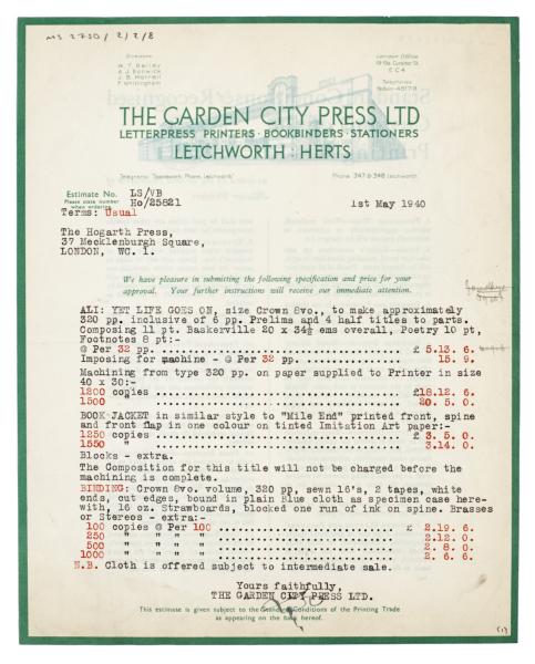 Image of typescript letter from The Garden City Press Ltd. to The Hogarth Press (01/05/1940)  [2]  page 1 of 2