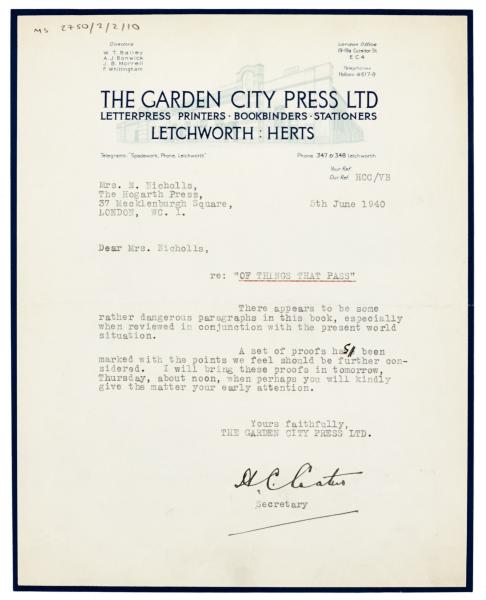 Image of typescript letter from The Garden City Press to Norah Nicholls (05/06/1940) page 1 of 1