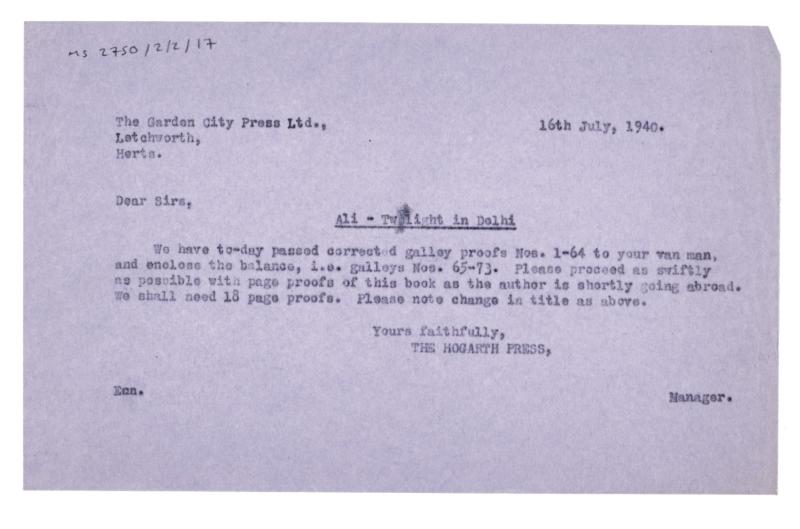 Image of typescript letter from The Hogarth Press to The Garden City Press Ltd (16/07/1940) page 1 of 1