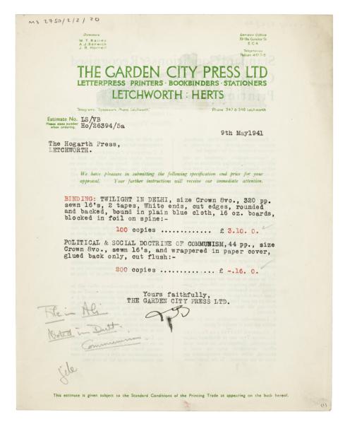 Image of typescript letter from The Garden City Press Ltd to The Hogarth Press (09/05/1941) page1 of 2
