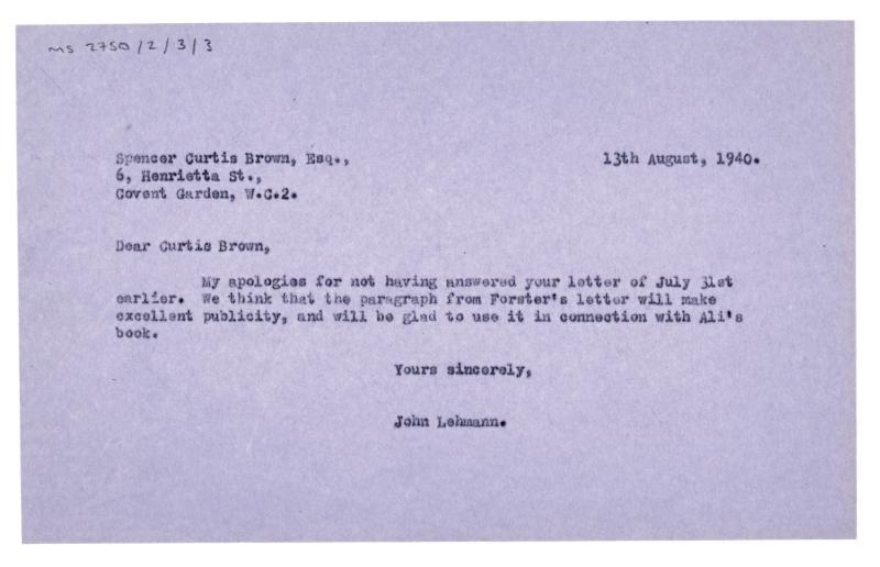 Image of typescript letter from John Lehmann to Spencer Curtis Brown (13/08/1940) page 1 of 1