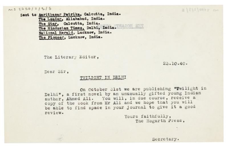 Image of typescript template letter from The Hogarth Press to various Indian publications (23/10/1940)  page 1 of 2