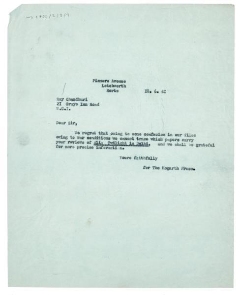 Image of typescript letter from The Hogarth Press to Ray Chaudhuri (18/06/1941)  page 1 of 1