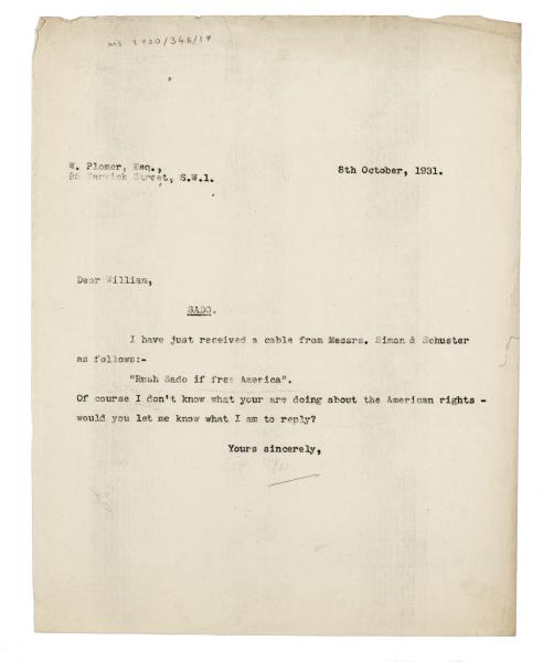 Image of typescript letter from Leonard Woolf to William Plomer (08/10/1931) page 1 of 1