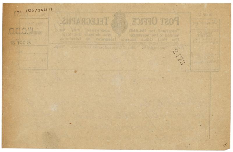 Image of handwritten telegram from William Plomer to Leonard Woolf (08/10/1931) page 1 of 2