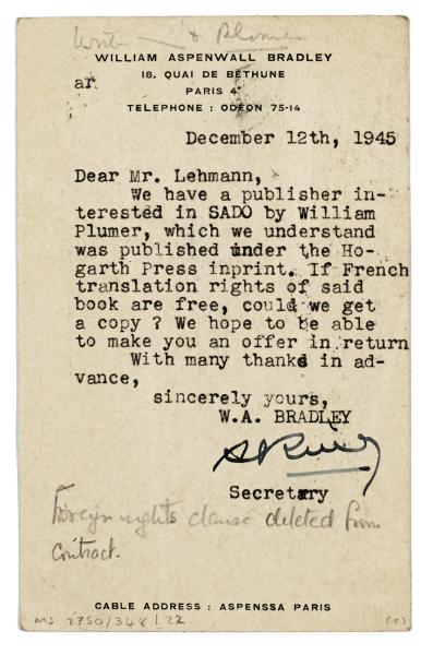 Image of typescript postcard from William A. Bradley Literary Agency to John Lehmann (12/12/1945) page 2 of 2