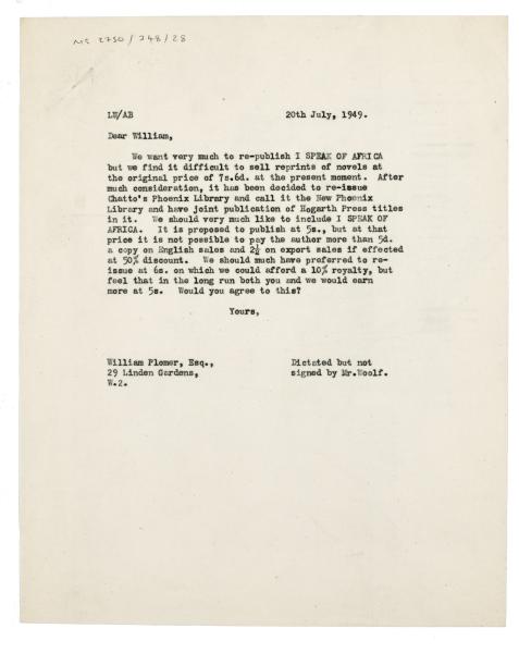 Image of typescript letter from Leonard Woolf to William Plomer (20/07/1949) page 1 of 1