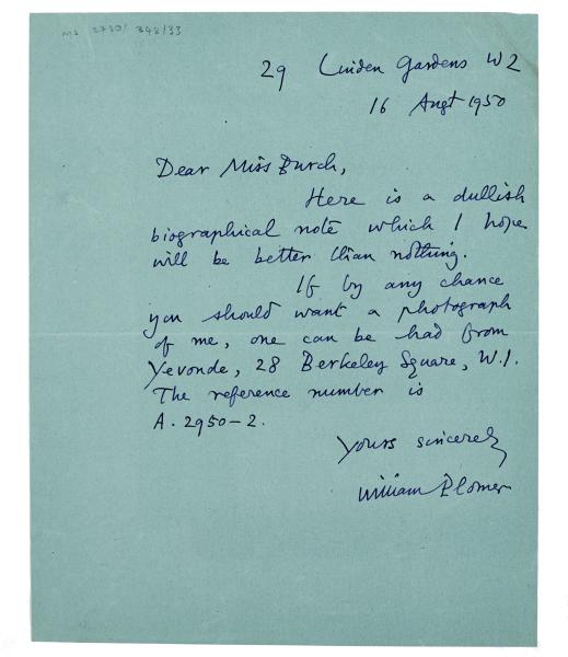Image of handwritten letter from William Plomer to The Hogarth Press (16/08/1950)