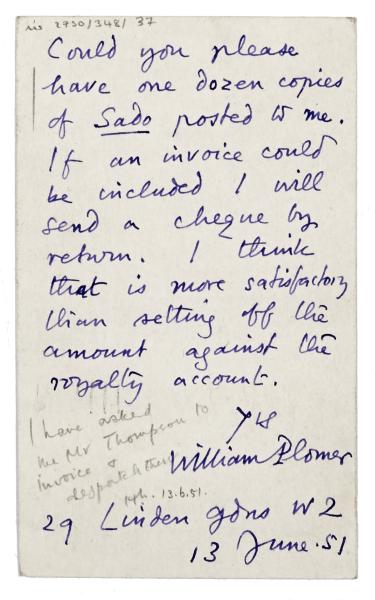 Image of handwritten letter from William Plomer to Norah Smallwood (13/06/1951) page 2 of 2