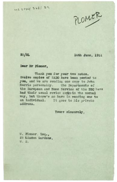 Image of typescript letter from Norah Smallwood William Plomer (14/06/1951) page 1 of 1