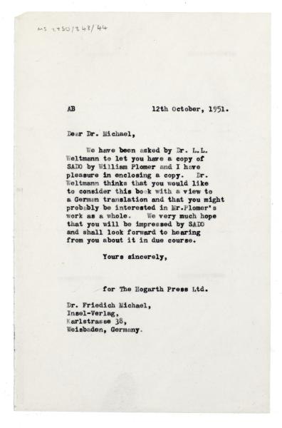 Image of typescript letter from Aline Burch to Insel-Verlag (12/10/1951) page 1 of 1