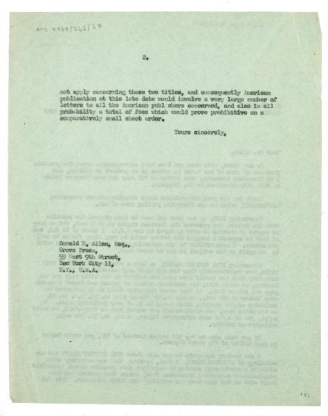 Image of typescript letter from Harold Raymond to The Grove Press (22/07/1952) page 2 of 2