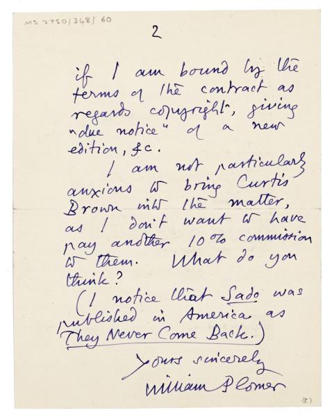 Image of handwritten letter from William Plomer to Harold Raymond (24/07/1952)  page 2 of 2