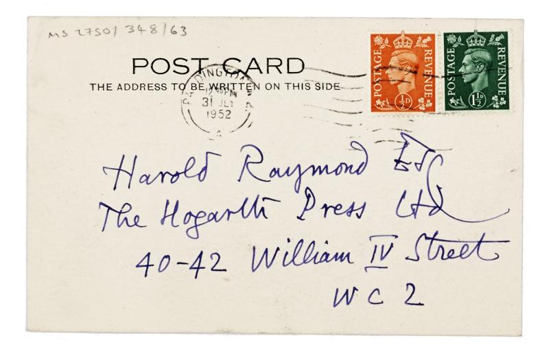 Image of handwritten postcard from William Plomer to The Hogarth Press (31/07/1952) page 1 of 2