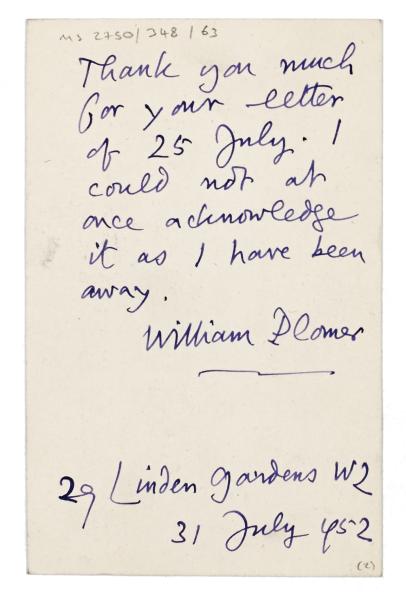 Image of handwritten postcard from William Plomer to The Hogarth Press (31/07/1952) page 2 of 2
