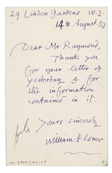 Image of handwritten postcard from William Plomer to Piers Raymond (14/08/1952) page 2 of 2 