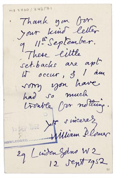 Image of handwritten postcard from William Plomer to Piers Raymond (12/09/1952) page 2 of 2