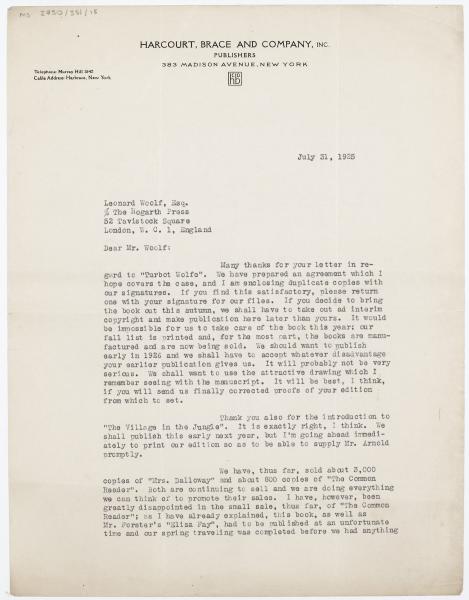 Image of typescript letter from Harcourt Brace and Company inc to Leonard Woolf (31/07/1925) page 1 of 1