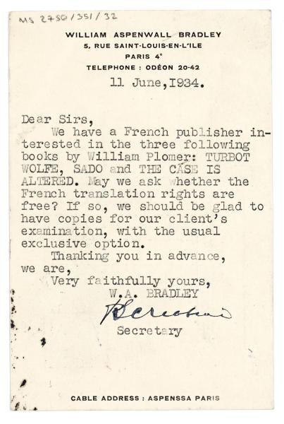 Image of a Postcard on behalf of William Aspenwall Bradley to The Hogarth Press (11/06/1934) 