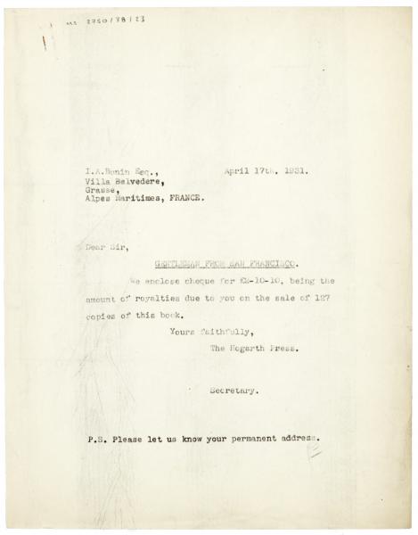 Image of typescript letter from The Hogarth Press to Ivan Bunin (17/04/1931) page 1 of 1