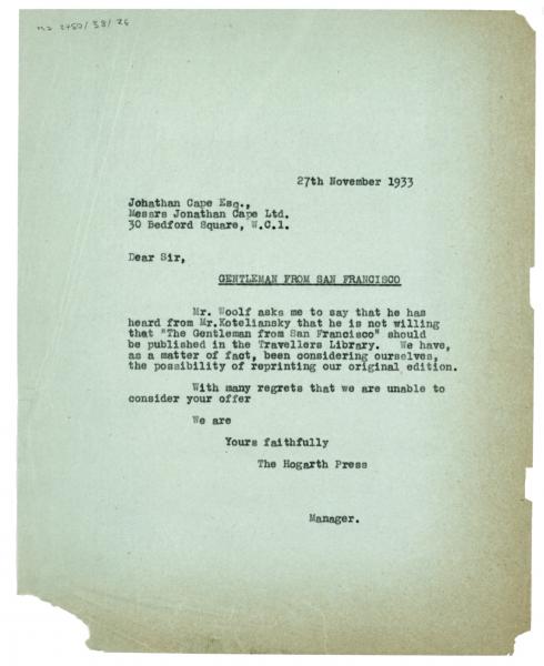 Image of typescript letter from The Hogarth Press to Jonathan Cape (27/11/1933) page 1 of 1 