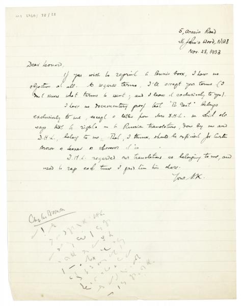 Image of handwritten letter from Samuel Solomonovich Koteliansky to Leonard Woolf (28/11/1933) page 1 of 1