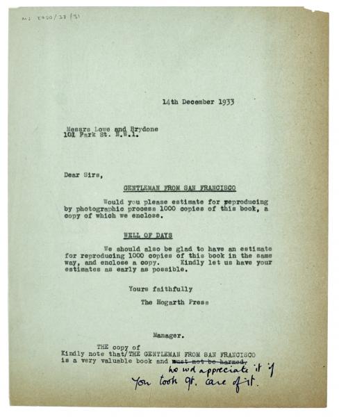 Image of typescript letter from The Hogarth Press to Lowe and Brydone (14/12/1933) page 1 of 1