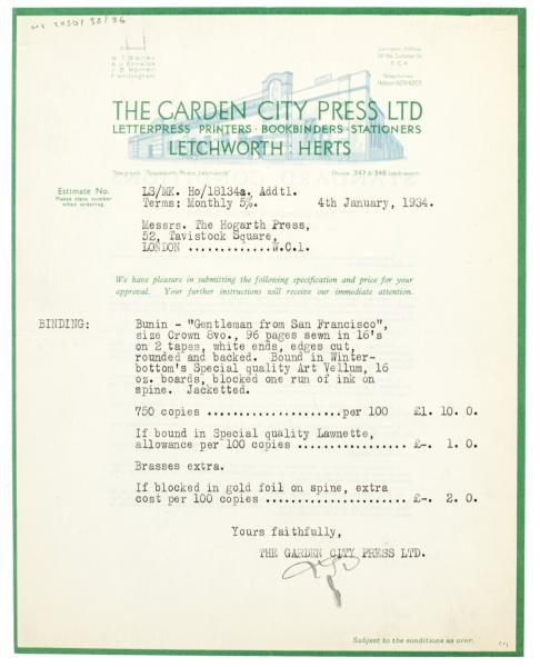 Image of typescript letter from The Garden City Press Ltd to The Hogarth Press (04/01/1934) page 1 of 2
