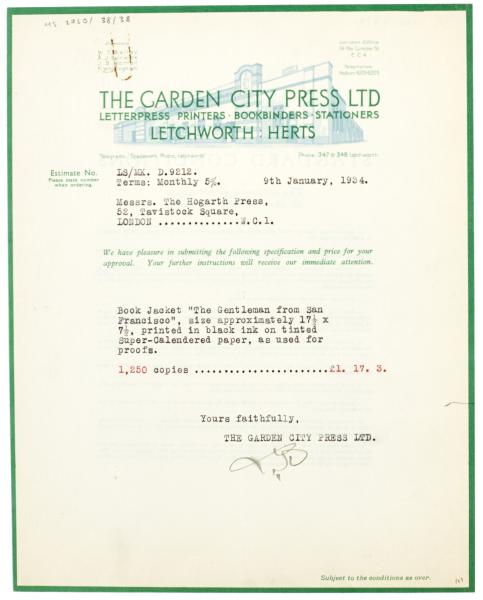Image of typescript letter from The Garden City Press to The Hogarth Press (09/01/1934) page 1 of 2